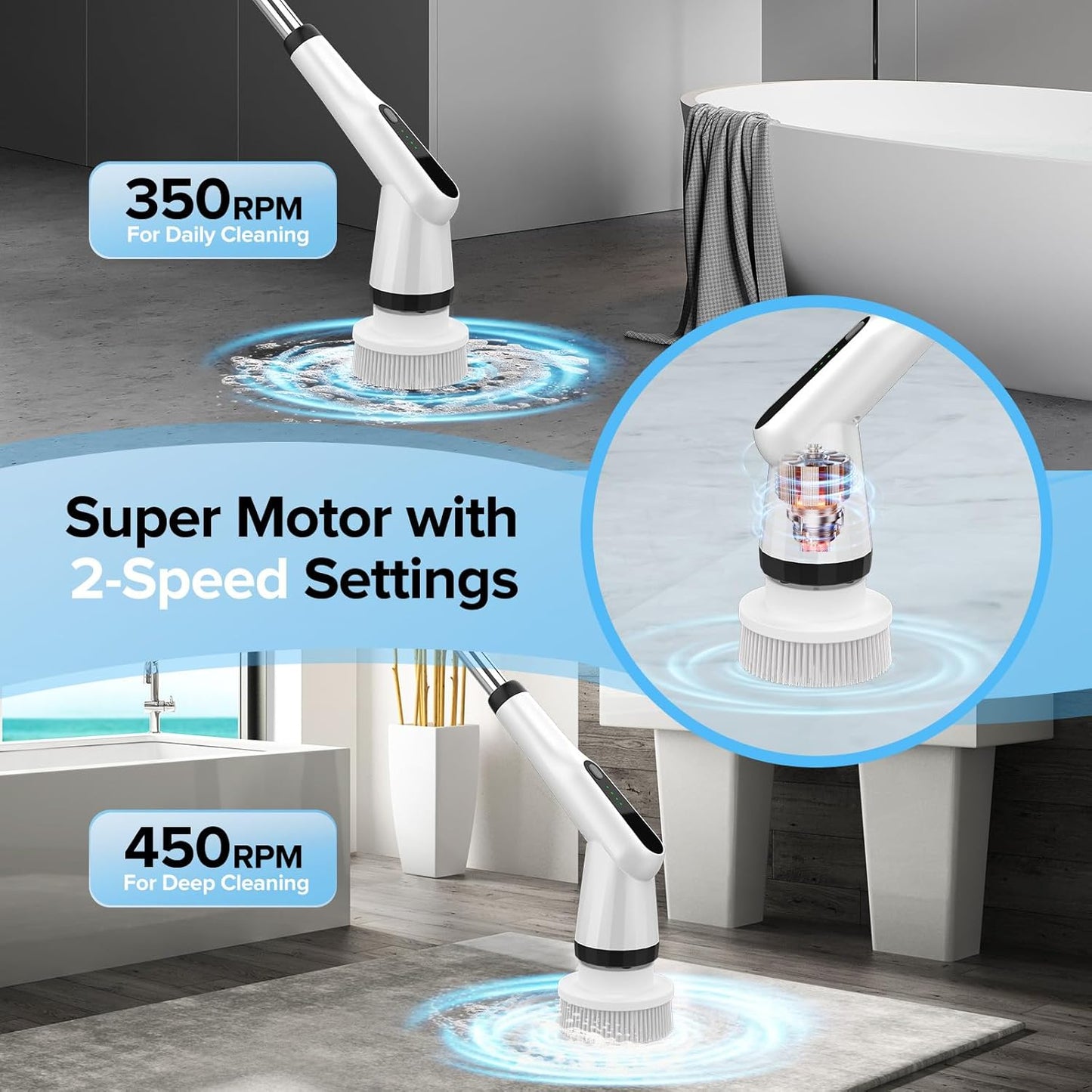 Electric Spin Scrubber, Dreazu IPX7 Bathroom Scrubber with 7 Replaceable Brush Heads & Retractable Handle, 2-Speed Adjustable Shower Cleaner Brush for Bathroom, Bathtub, Kitchen, Tile Floors