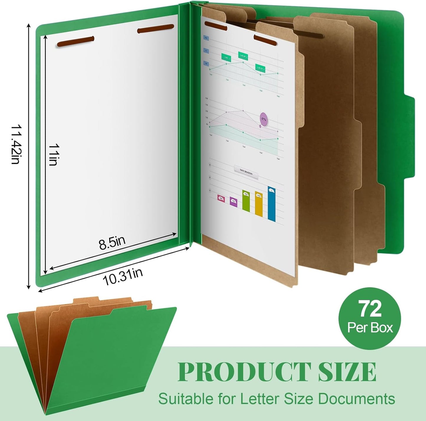 72 Pcs Classification Folders Letter Size, Back to School Supply for Teacher, Student, 3 Dividers Pressboard File Folder Bulk with 2 Fasteners, 3.5 Inch Expanding File Organizer (Green)