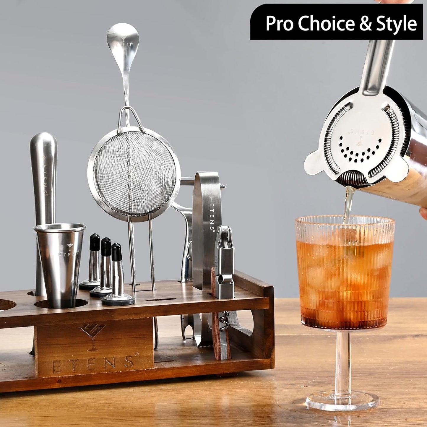 Premium 15-Piece Mixology Bartender Kit – Stainless Steel Cocktail Shaker Set with Wooden Stand | Professional Boston Shaker Bar Tool Set for Home & Expert Mixologists | Luxury Cocktail Making Gift