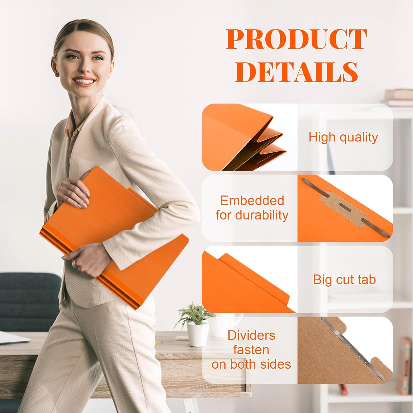 24 Pcs Classification Folders Letter Size, Back to School Supply for Teacher, Student, 1 Divider Pressboard File Folder Bulk with 2 Fasteners, 3.5 Inch Expanding File Organizer (Orange)