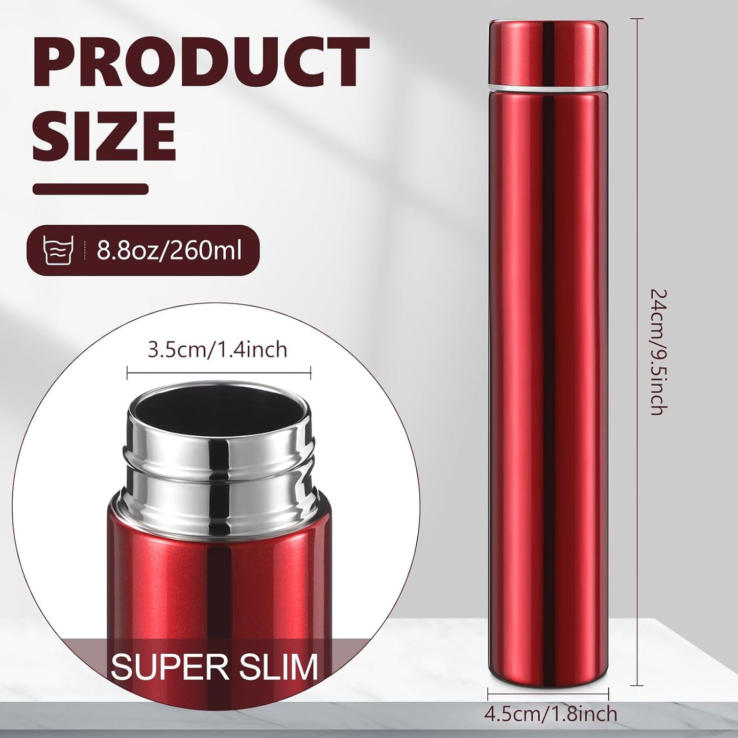 Vesici Slim Water Bottle 8.8 oz Small Stainless Steel Purse Compact Insulated Water Bottles Camping Travel Backpack Pocket Flask for Car Cold Coffee Tea(Red,1 Pack)