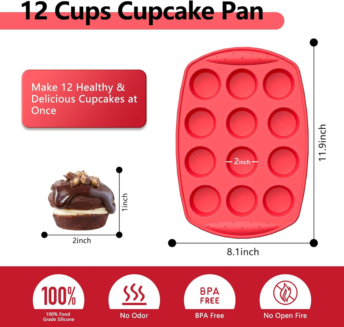 2 Inch Round Muffin Pan,2 Pcs 12 Cups Egg Bites Silicone Mold,Cupcake Pan Molds For Baking English Muffins and Egg Bites,Cookies,Whoopie Pies,Mini Cakes,Biscuits,Buns