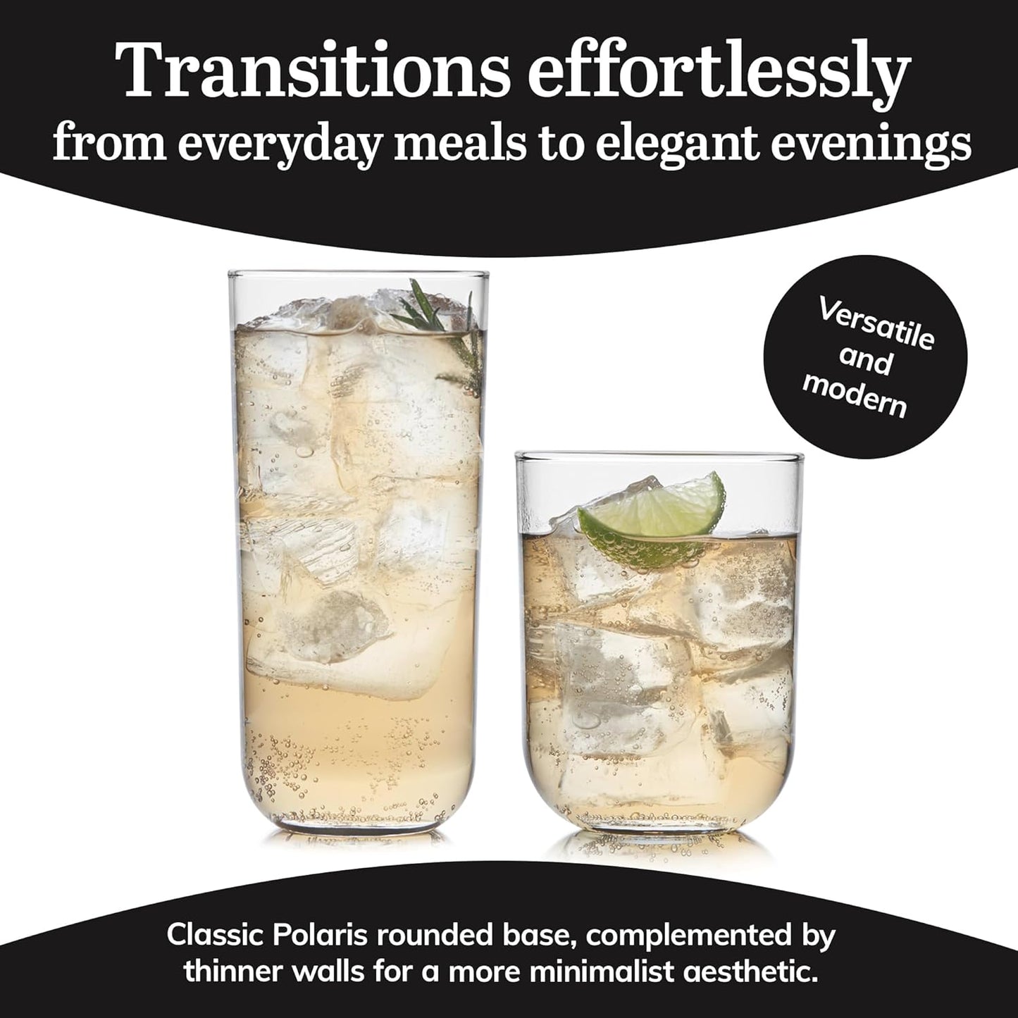 Libbey Polaris Tumbler and Rocks Glass Set, Elegant Drinkware Glasses Set, Lead-Free Tall Drinking Glasses with Modern Clean Lines, Dishwasher Safe Drinking Glasses Set of 16, Axis