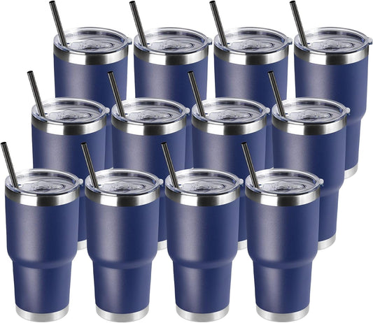 DOMICARE 30 oz Tumbler with Lid and Straw, Stainless Steel Tumblers Bulk, Insulated Vacuum Double Wall Travel Coffee Mug, Durable Powder Coated Tumbler Cups (Navy, 12)