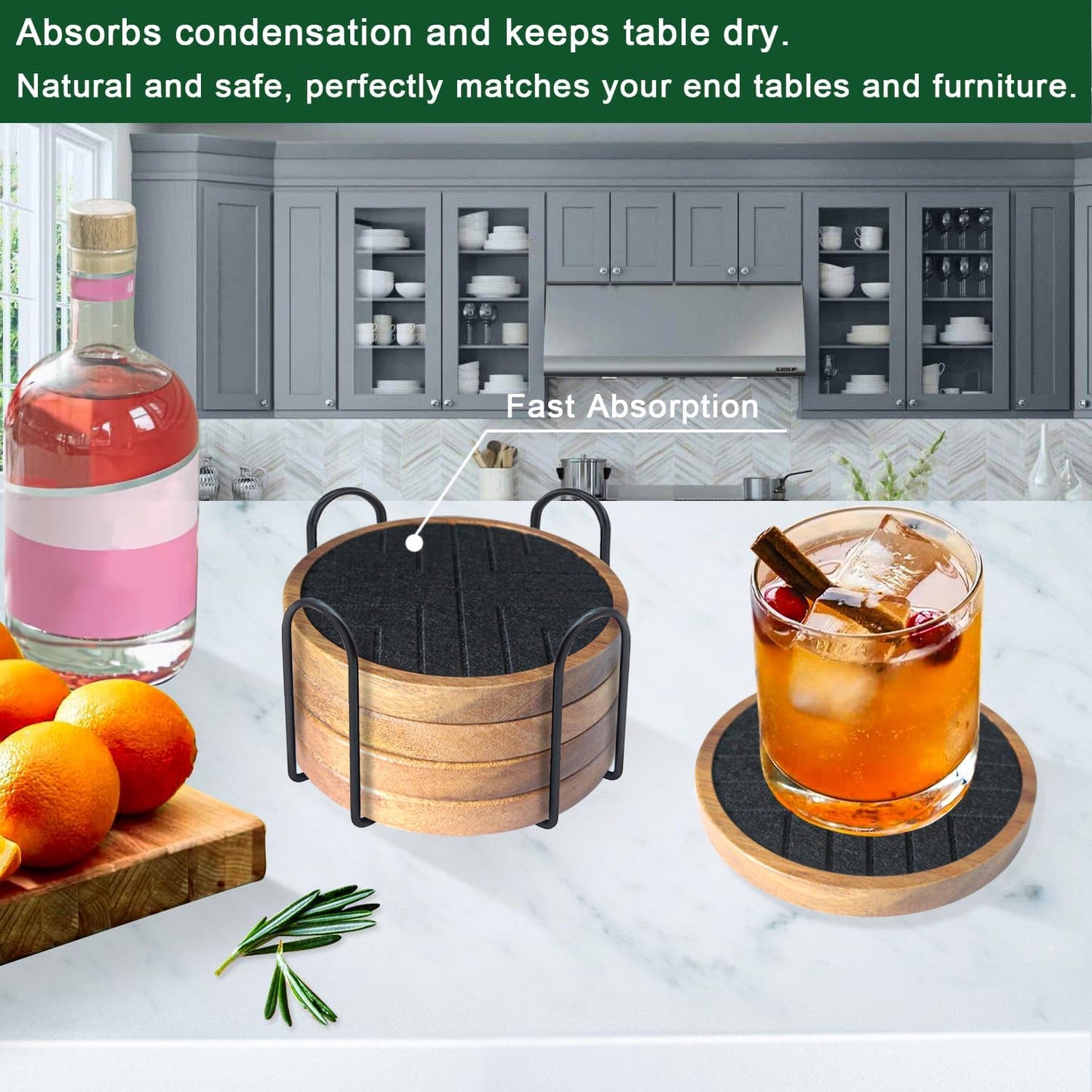 Wood Coasters with Felt Pads, Non-Slip, Non-Stick - 5 Pack Absorbent Coasters for Coffee Table with Holder, Suit for Kinds of Cups 4.3 inch (Black Series)