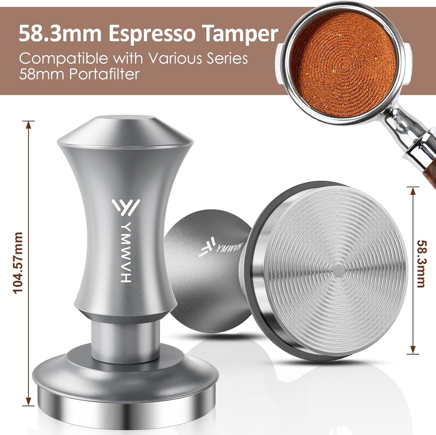 Espresso Tamper 58.3mm Barista Coffee Tamper with Dual Spring Loaded 100% Stainless Steel Ripple Base, Constant 30lb, Compatible with Espresso Machine Rancilio, Gaggia Portafilter, E61 Group(Silver)