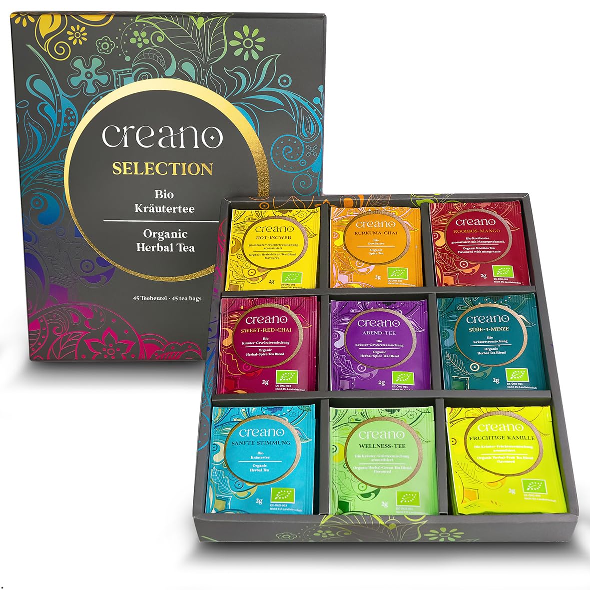 Creano Organic Herbal Tea Gift Set - 45 Organic Tea Bags in 9 Different Varieties - 90 g - Novelty 2023