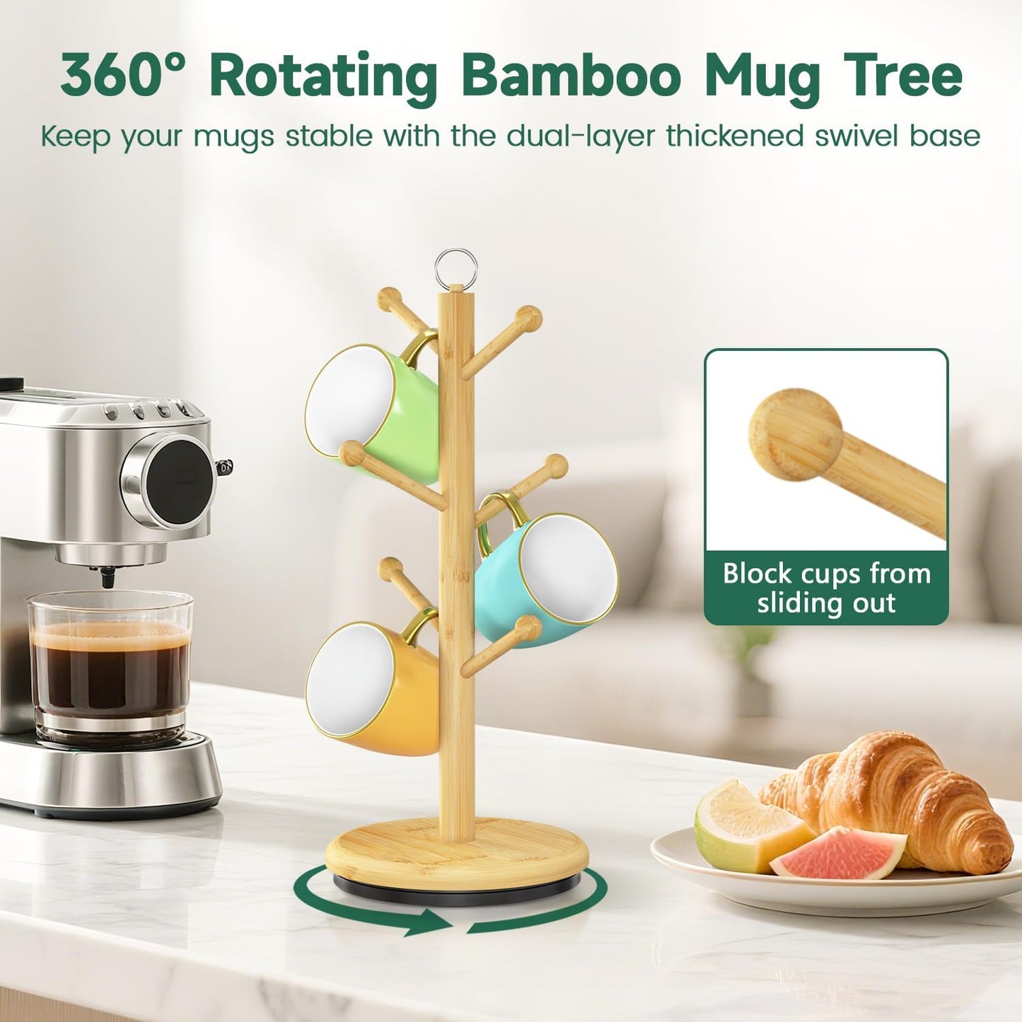 EsLuker.ly Mug Holder Tree Bamboo 360° Rotating Coffee Cup Display Rack with 6 Hooks for Home Kitchen Counter, Upgrade Wood Mug Stand Station Organizer, Building Your Dream Coffee Corner