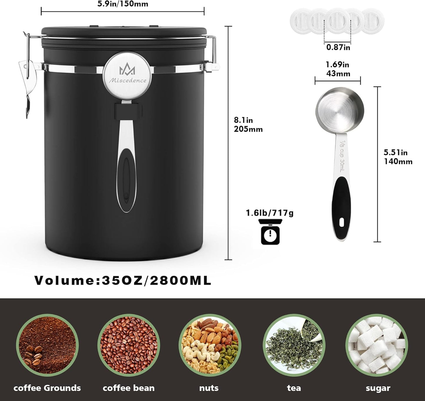 35OZ Coffee Canister for ground coffee with Date Tracker,One Way Co2 Valve 304 Stainless Steel Kitchen Food Airtight storage container for Coffee Beans or Grounds, Sugar Black