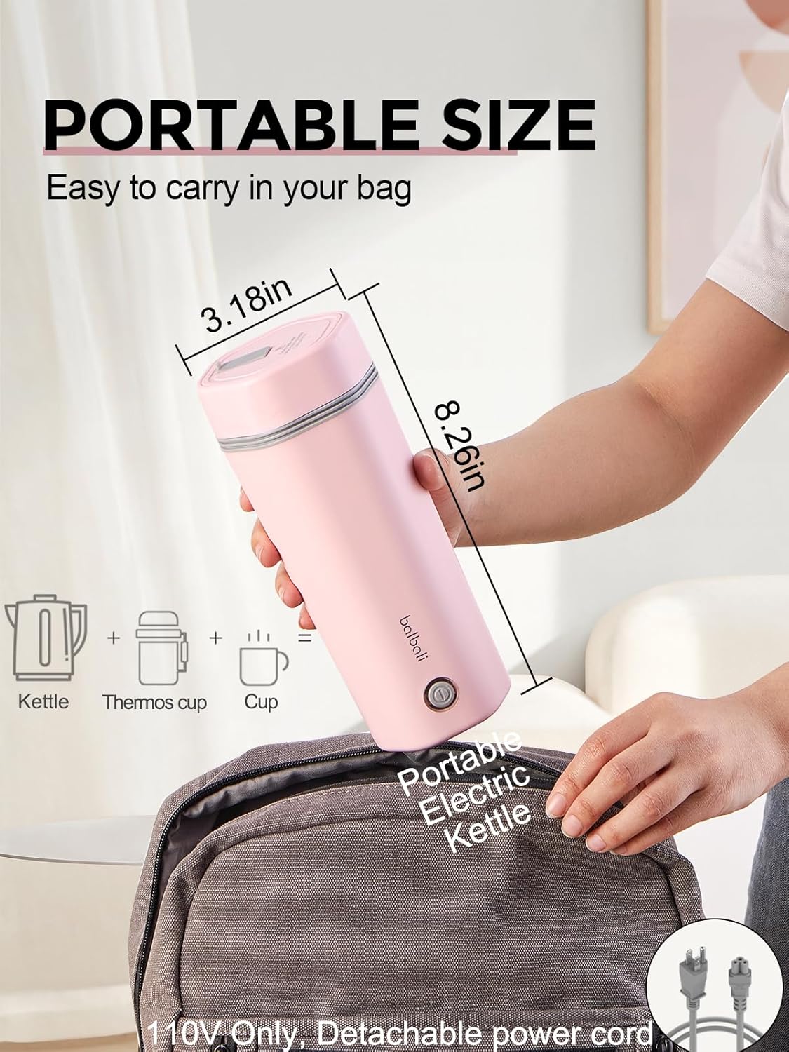 balbali Travel Kettle - 12oz Portable Electric Kettle for Boiling Water - Self Heating Cup/Thermos - Single Size Personal Tea Maker -Hot Water Boiler/Heater/Warmer - Pink