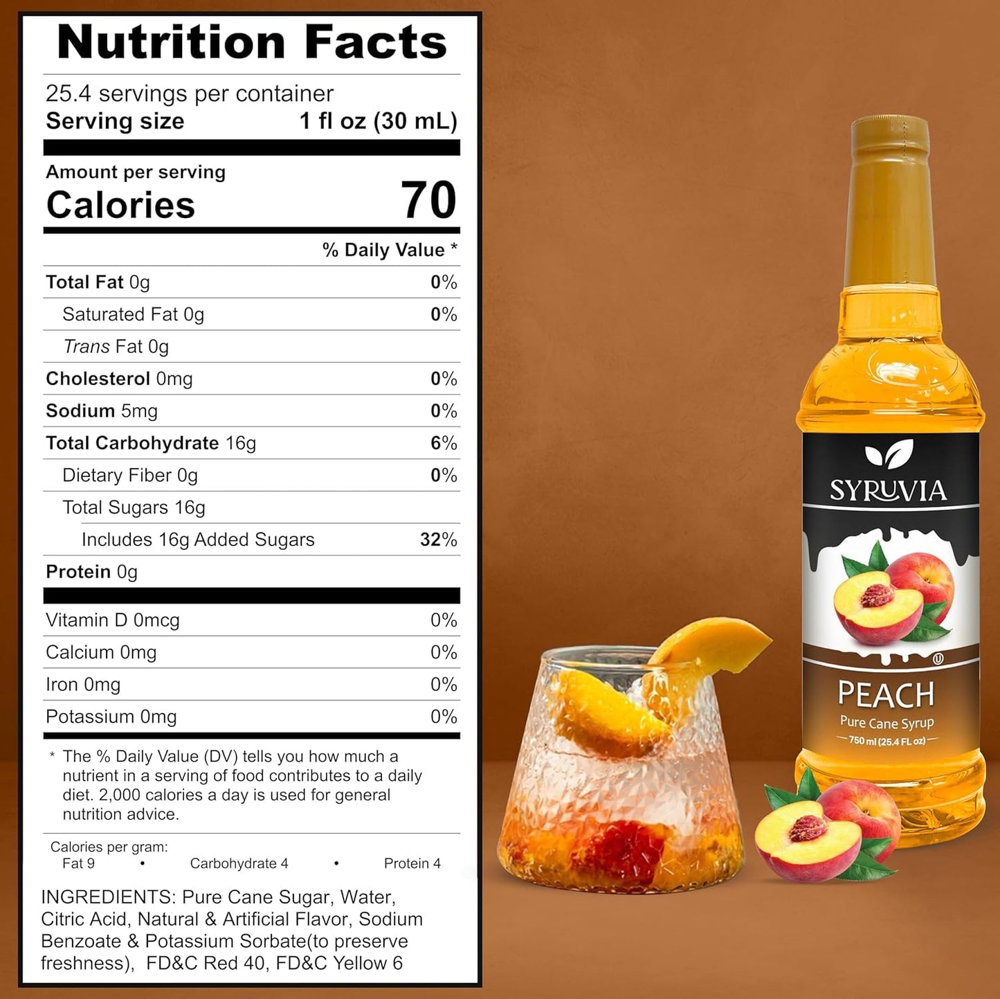 Syruvia Peach Syrup for Drinks 25.4 Ounces Peach Flavoring Syrup - Kosher, Gluten-Free, Ideal for Elevating Your Beverage Adventures