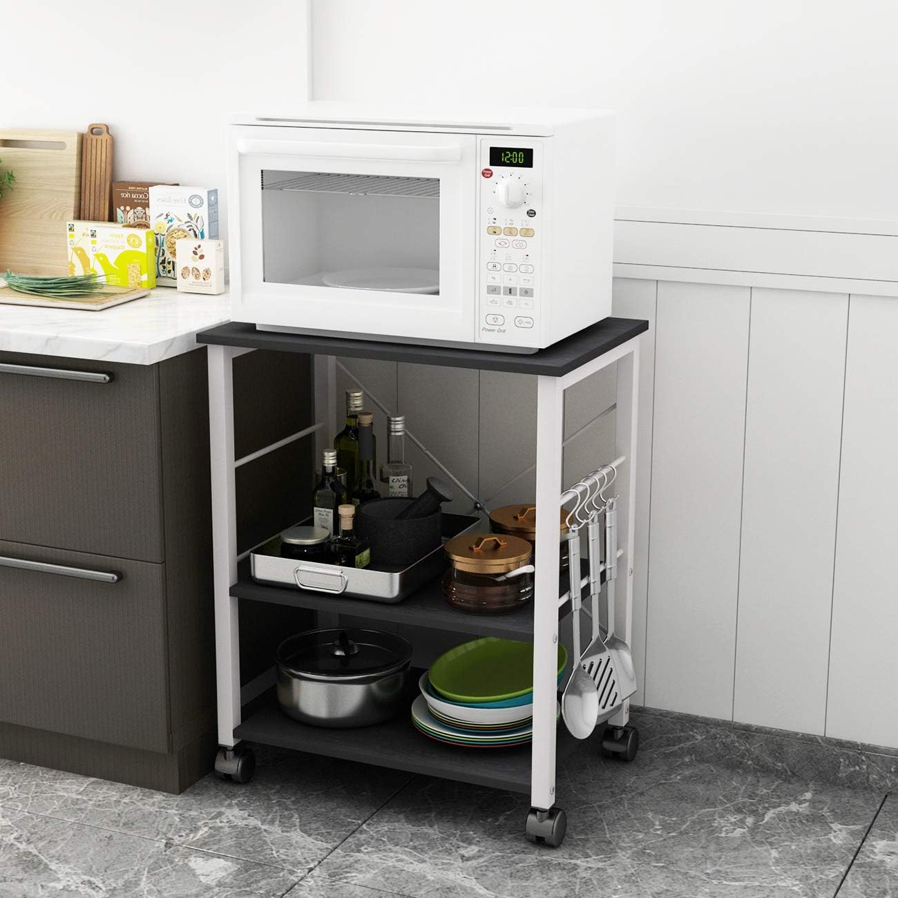 DlandHome Standing Baker's Rack Appliance Table Small Rolling Cart, 3-Tier Kitchen Rack Utility Storage Shelf Microwave Stand, W4-Black
