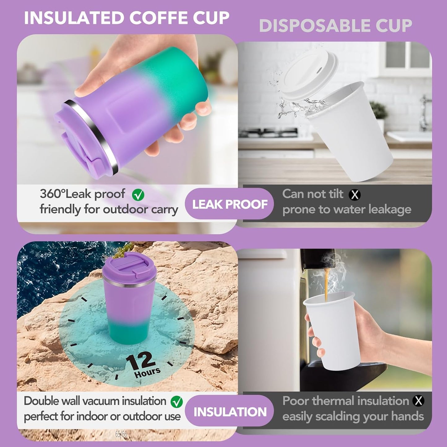 Volhoply 12 oz Double Wall Insulated Vacuum Travel Coffee Mug with Flip Lid Bulk 2 Pack,Reusable Stainless Steel Leak Proof Coffee Cup,Cafe Thermal Tumbler for Cold & Hot Drinks(Purple Green,2 Set)