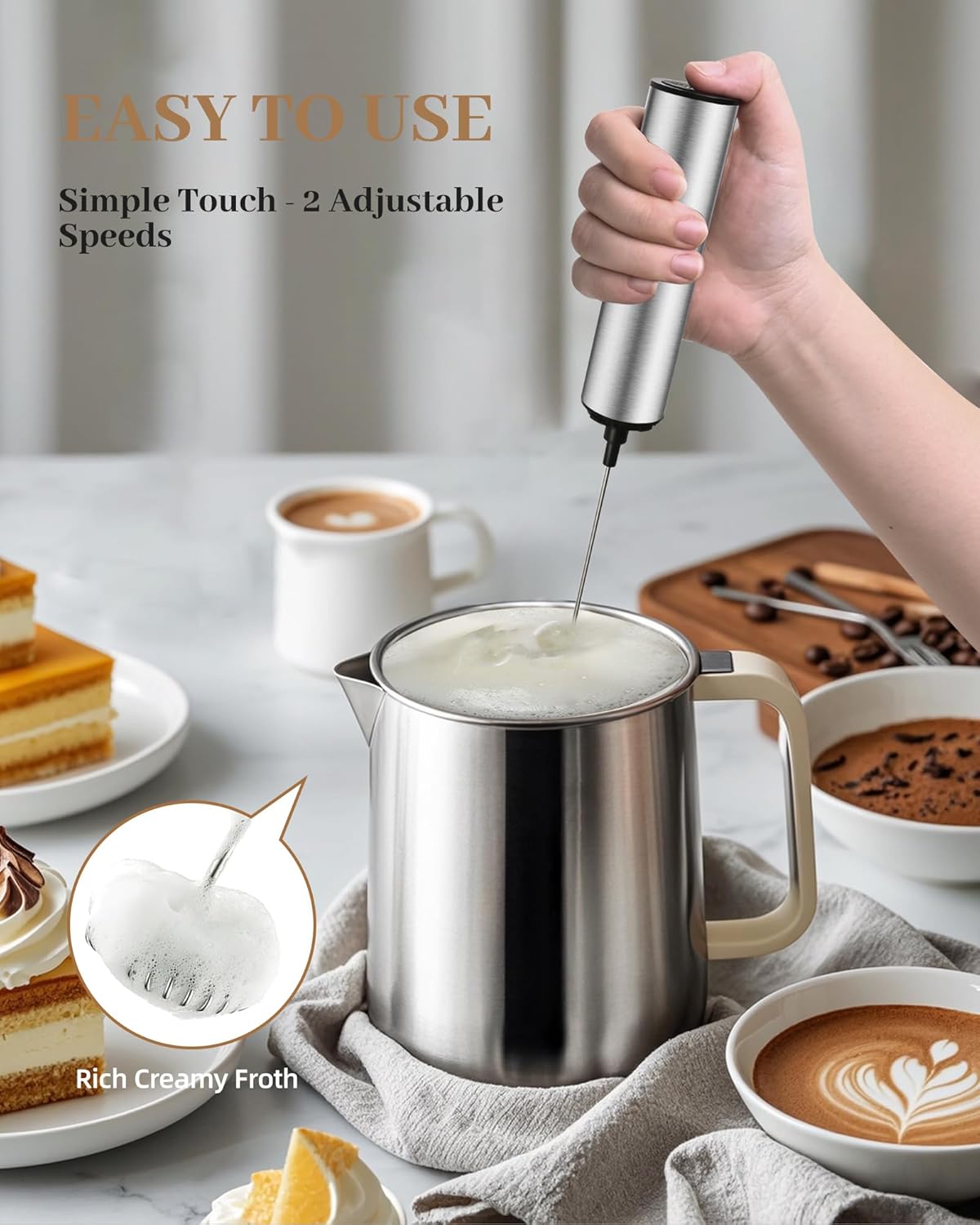 Milk Frother Rechargeable with Cover - Coffee Frother Wand, Drink Mixer Handheld with 2 Detachable Stainless Whisks 2 Speed Adjustable for Latte, Cappuccino, Hot Chocolate, Egg, Silver