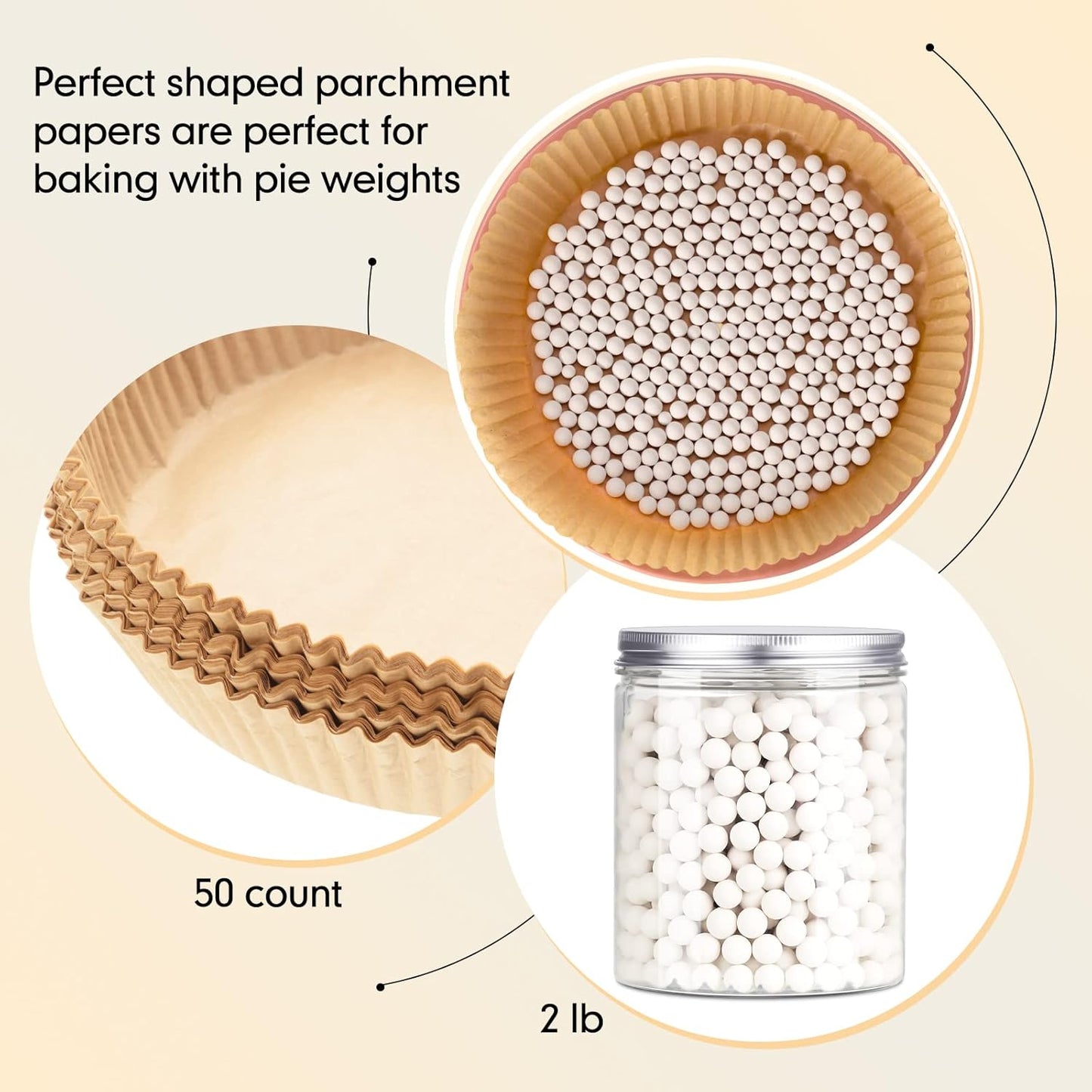 1 Pack White 2 lb Pie Weights for Baking Crust Ceramic Weights Blind Baking Beads with 50 Pcs Disposable Parchment Paper Pie Liner Fit 8,9,10 Inch Dish