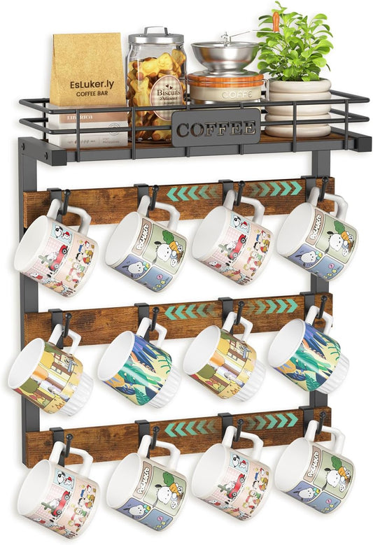 EsLuker.ly Coffee Mug Holder Wall Mounted Display Rack, Black Metal Cup Hanger Organizer with 12 Movable Plastic Hooks, Wood Rustic Shelf for Coffee Bar Home Kitchen, Thoughtful Wall Storage