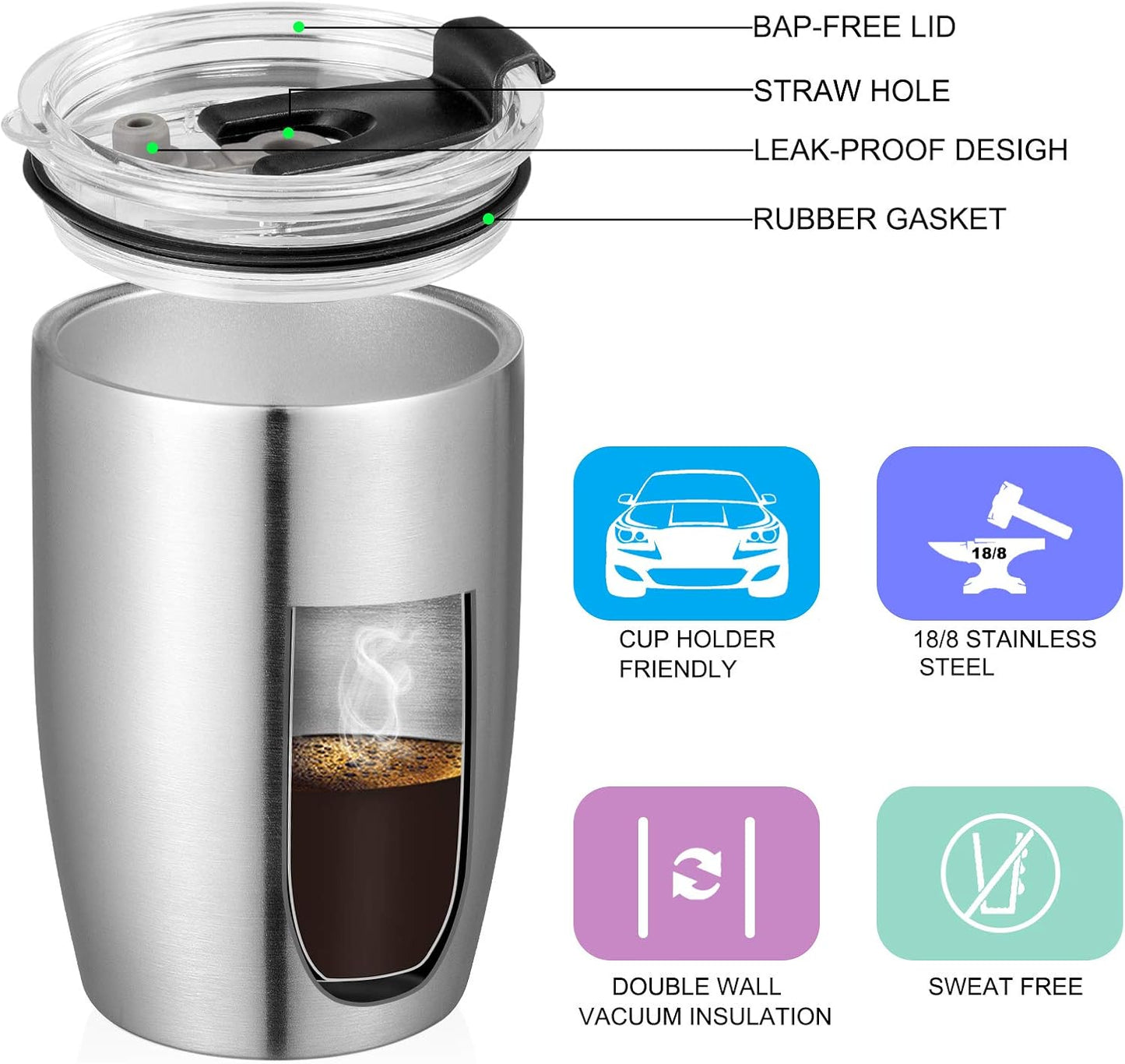 VEGOND Stainless Steel 12 oz Tumblers bulk Vacuum Insulated Double Wall Travel Tumbler with Lid and Straw Reusable Tumbler,Stainless 12 pack