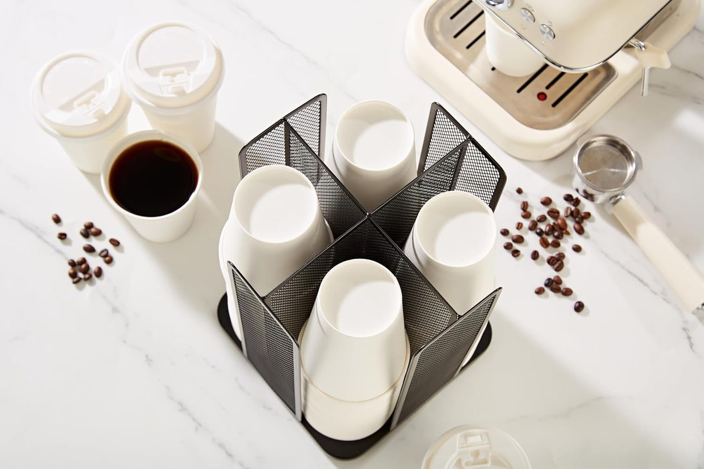 Annova Paper/Plastic Cup and Lid Holder Plastic Storage Organizer, 360°Rotating Coffee Mup Dispenser with 4 Compartments, Multifunctional Storage Rack for Home, Office, Bar, Coffee Shop (Black)