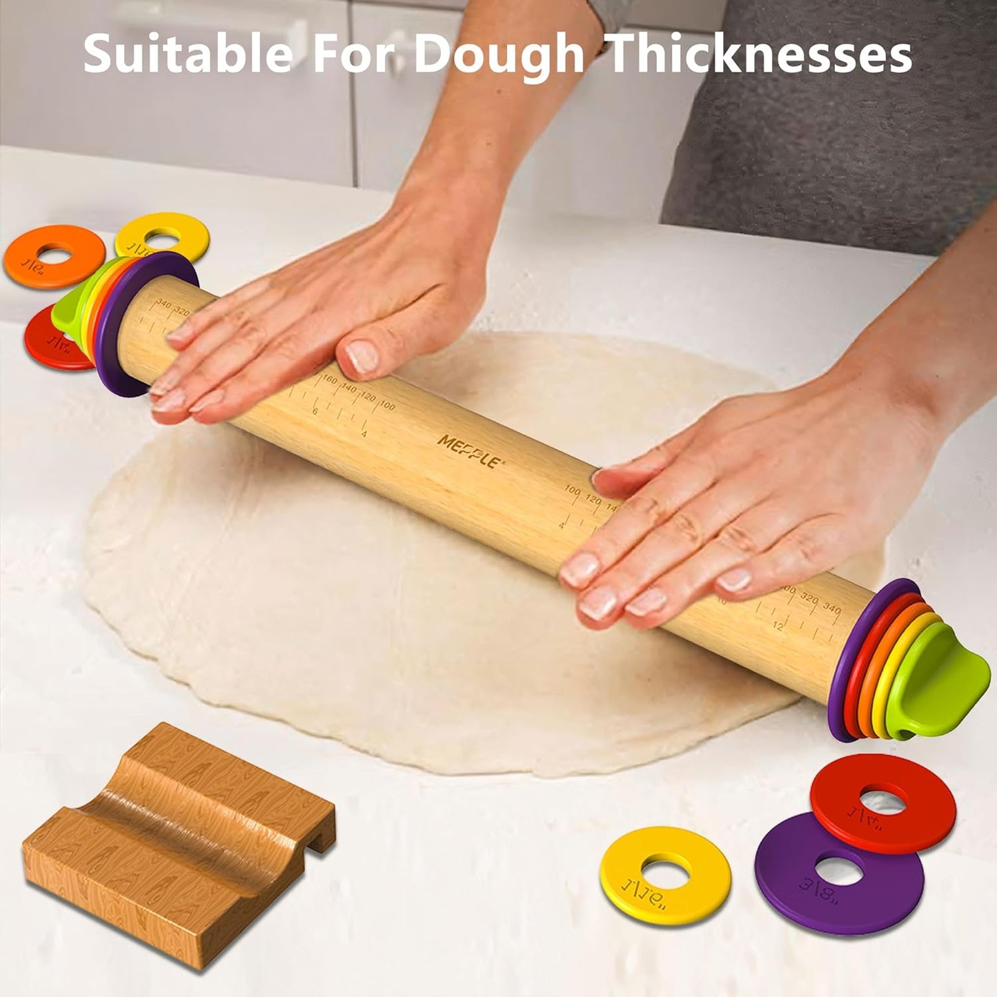 Rolling Pin with Thickness Rings for Baking,Fondant, Pizza, Pie Crust, Cookie, Pastry, Roller Rod for Dough Thickness, 13.6" Adjustable Wood Rolling Pin with 4 Thickness Rings and Wooden Stand