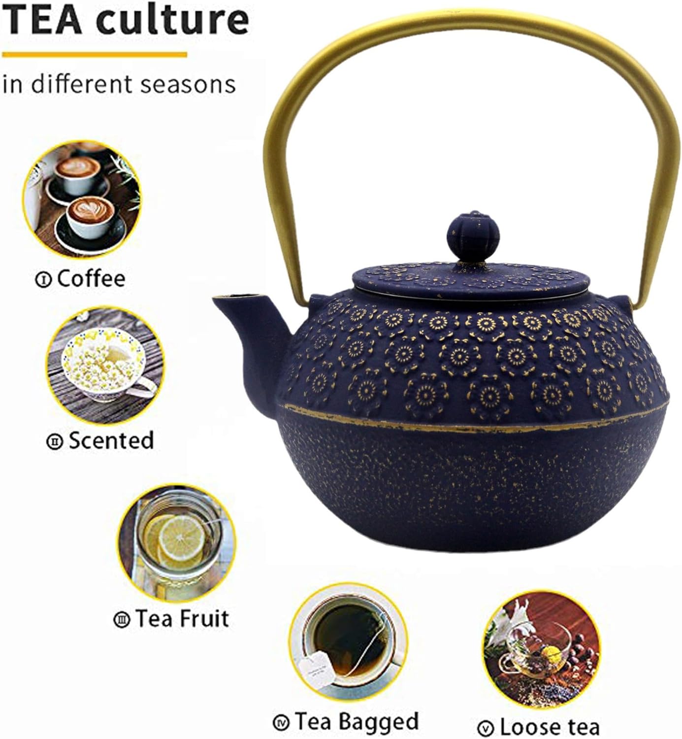 33.8oz Small Cast Iron Tea Kettle for Stovetop, Japanese Tetsubin Tea Pot Coated with Enameled Interior, Durable Cast Iron Teapot with Stainless Steel Infuser for Loose Tea and Tea Bags(1000ml)