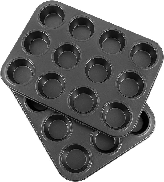 Flexzion Muffin Tray Cupcake Baking Pan 2 Pack, 12-Cup Nonstick Carbon Steel Muffin Tins Non-Stick Cupcake Tin Bakeware Accessories for Baking Cupcakes Muffin Brownies Snacks, Easy Clean, Fridge Safe