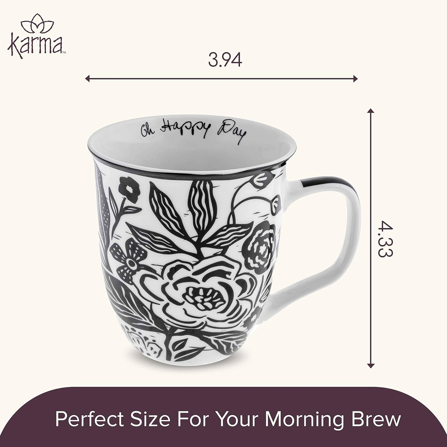 Karma Gifts 16 oz Black and White Boho Mug Floral - Cute Coffee and Tea Mug - Ceramic Coffee Mugs for Women and Men, 4.25" x 3.7"