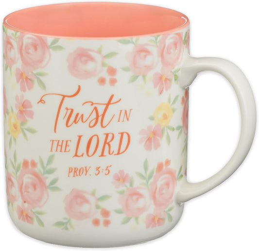Christian Art Gifts Large Inspirational Women's Ceramic Coffee & Tea Scripture Mug: Trust in the Lord Encouraging Bible Verse, Microwave/Dishwasher Safe Novelty Drinkware, White & Pink Floral, 14 oz.