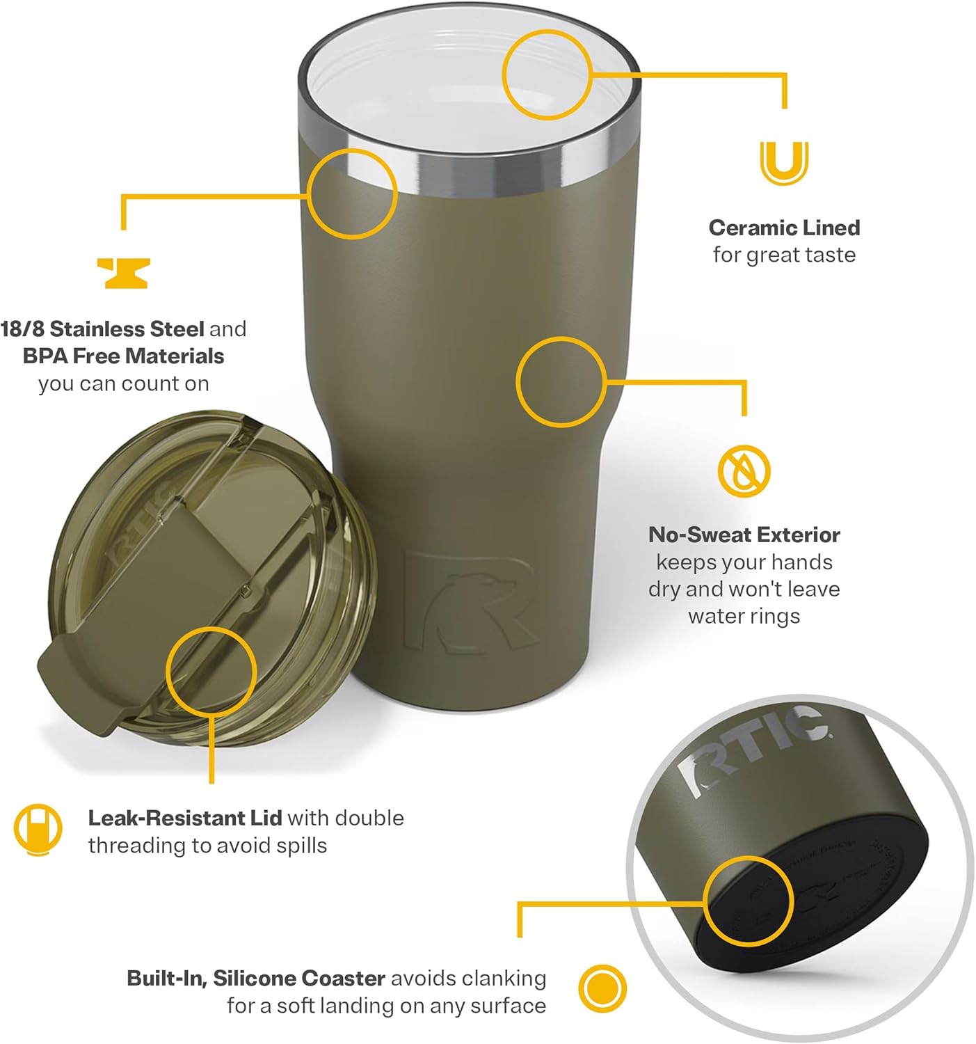 RTIC 20oz Essential Tumbler with Lid, Insulated, Stainless Steel, Metal, Double Wall Vacuum-Insulation, Ceramic Lined, Travel Cup for Iced Coffee, Tea, Hot and Cold Drink, Olive