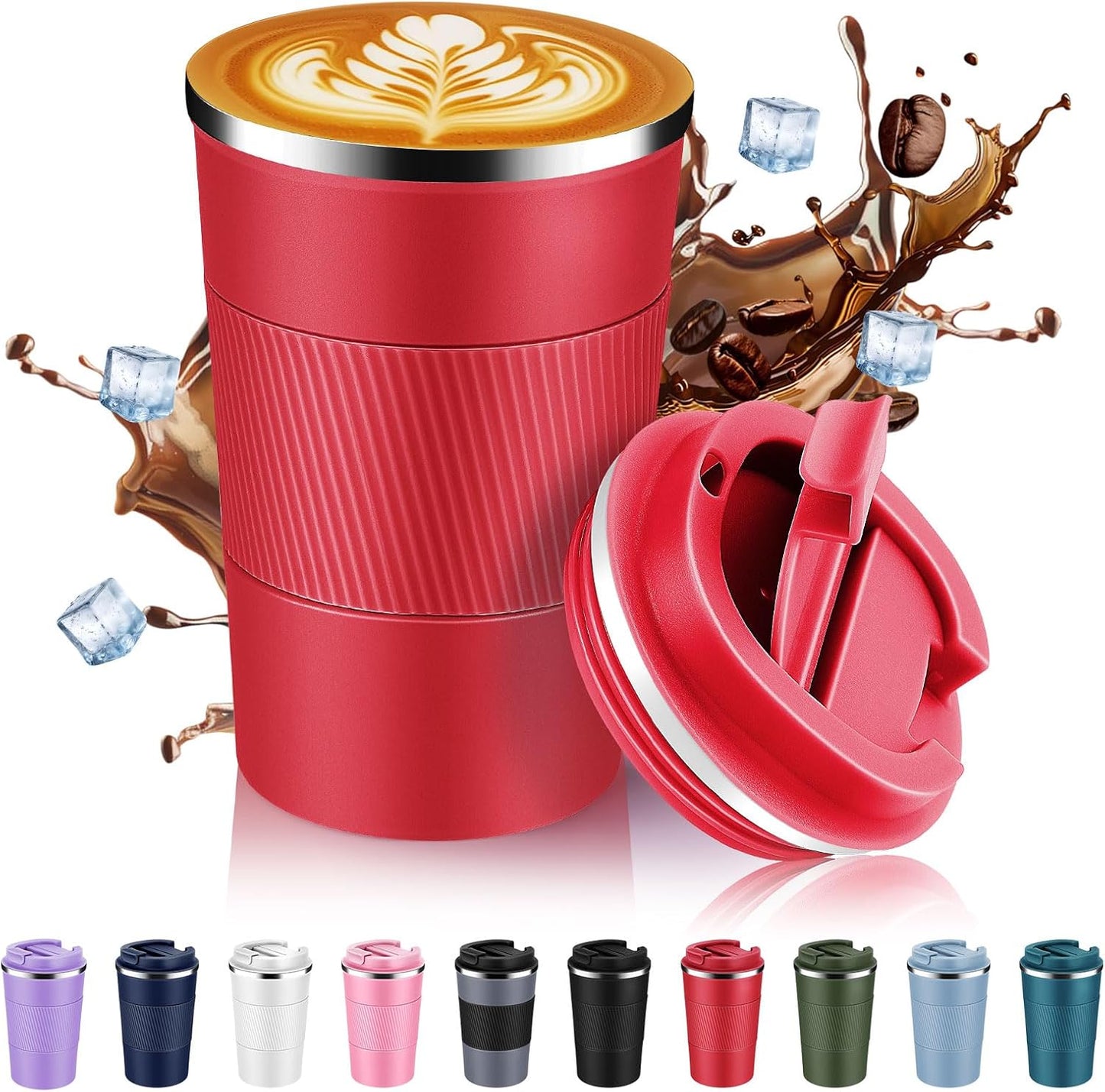 Volhoply 13 oz Stainless Steel Insulated Travel Coffee Mug with Fip Lid,Reusable Double Wall Vacuum Metal Coffee Cup,Portable to Go Leak Proof Cafe Thermal Tumbler for Hot & Cold Drinks(Red,1)