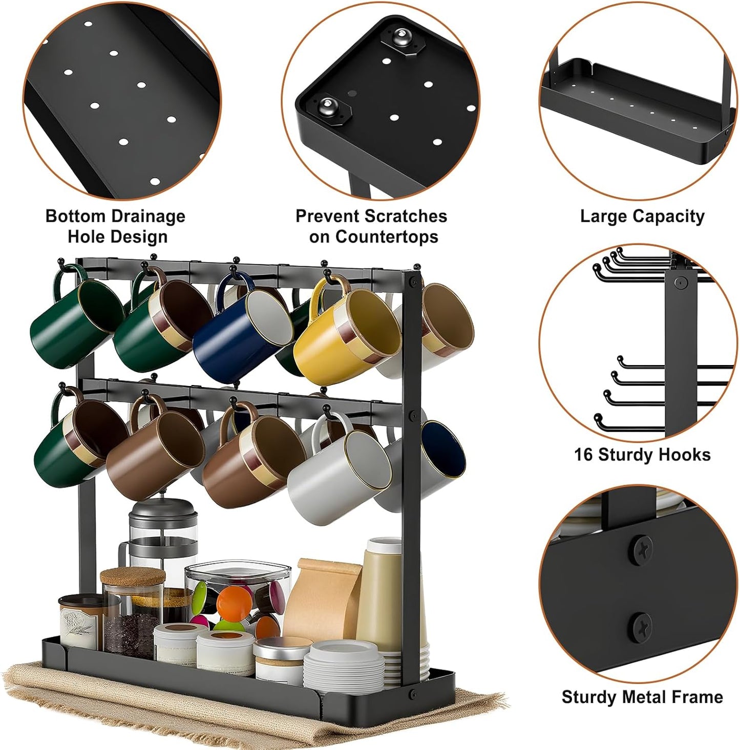 Coffee Mug Holder for Countertop, Cup Holder Rack with Slidable 16 Hooks, Large Mug Holder with Storage Base for Coffee Bar, Kitchen, Dining Room - Black