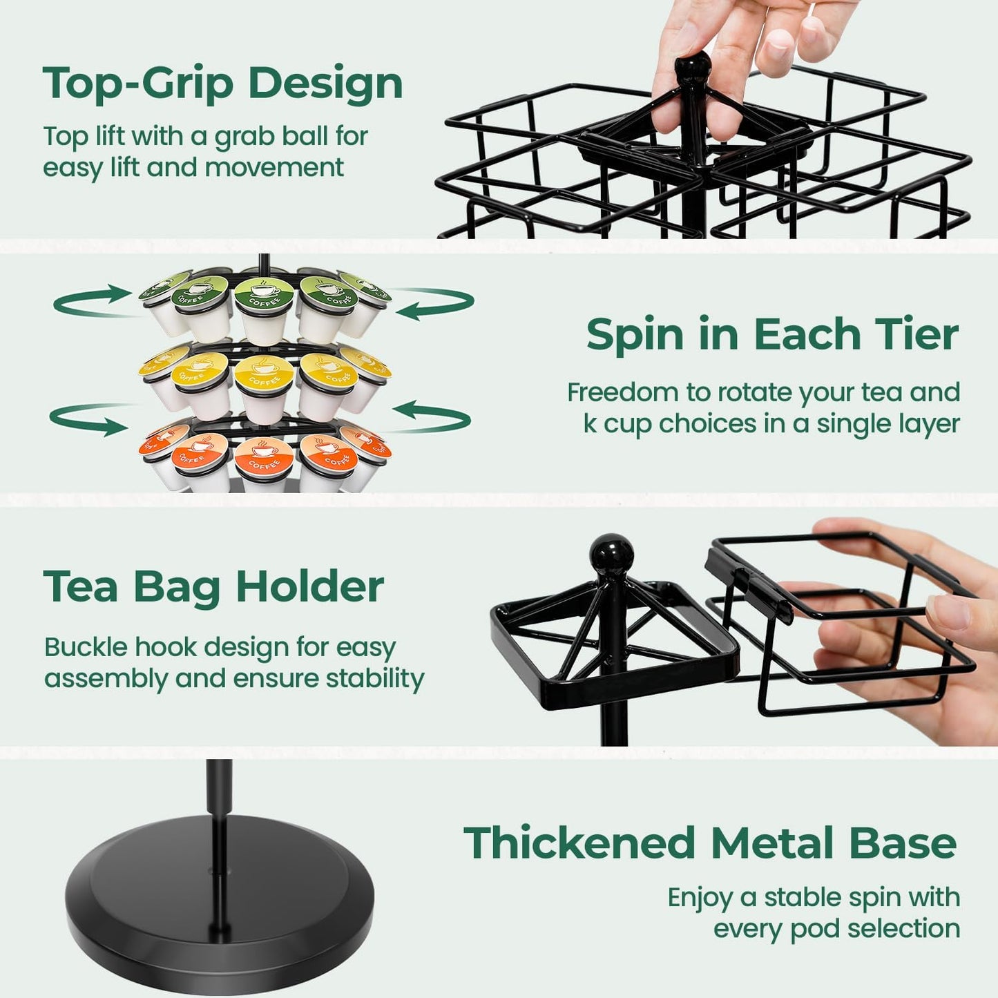 EsLuker.ly K Cup Holder Coffee Pod Organizer Carousel for Countertop, Rotatable Metal 4-Tier Storage Rack Stand for 30 K Cups & Tea Bags, Convenience Meets Elegance