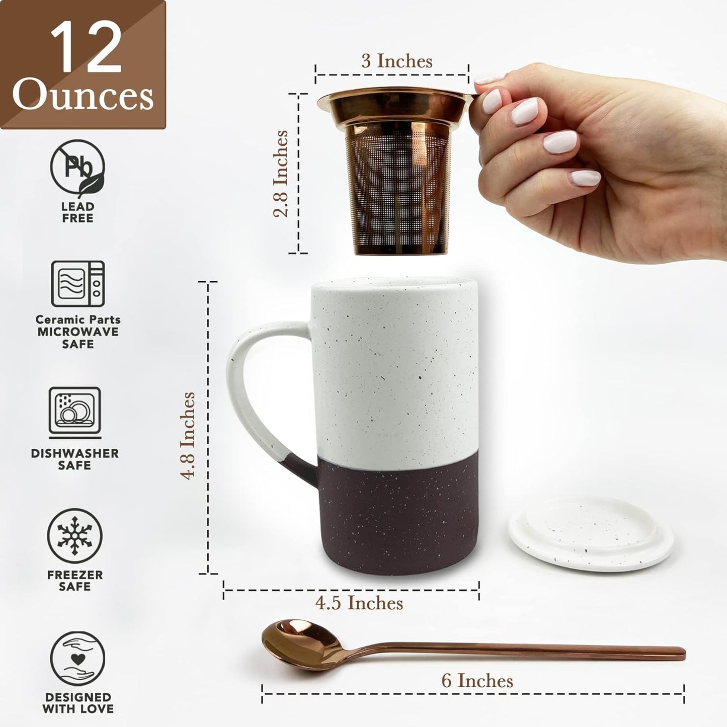 Mora Ceramics Tea Cup with Loose Leaf Infuser, Spoon and Lid, 12 oz, Microwave and Dishwasher Safe Coffee Mug - Rustic Matte Ceramic Glaze, Modern Herbal Tea Strainer - Great Gift for Women, Garnet