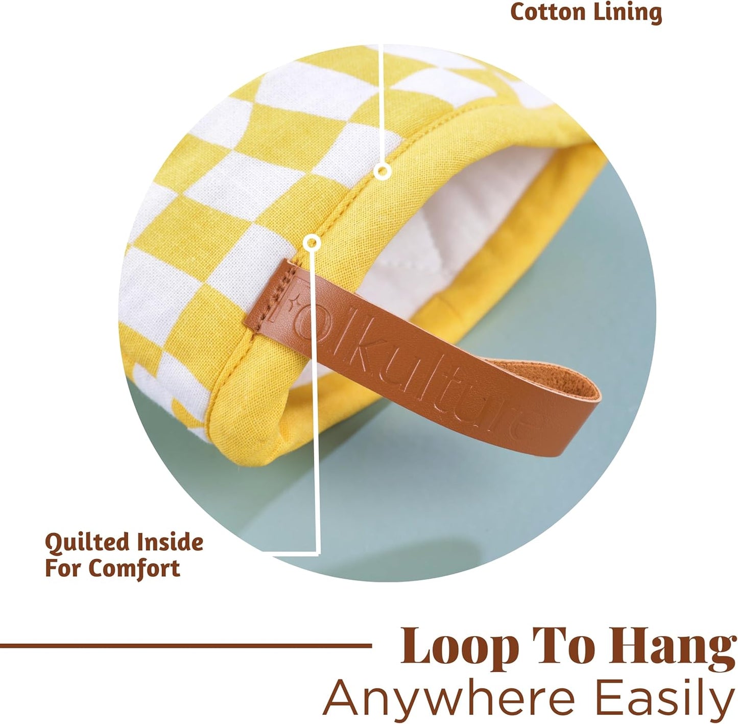 Folkulture Mini Oven Mitts or Short Oven Mitts | (5.75 x 9) Set of 2 Cotton Yellow Oven Mits Heat Resistant for Kitchen Decor | Yellow Check Kitchen Mittens or Oven Mitt with Hanging Loop