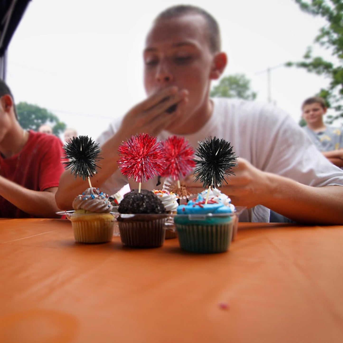 Gyufise 30Pcs Foil Firework Cupcake Toppers Sparkle Tinsel Cake Toppers Tinsel Drink Cake Decoration Cocktail Picks for Birthday Wedding Graduation Party Supplies Black Red