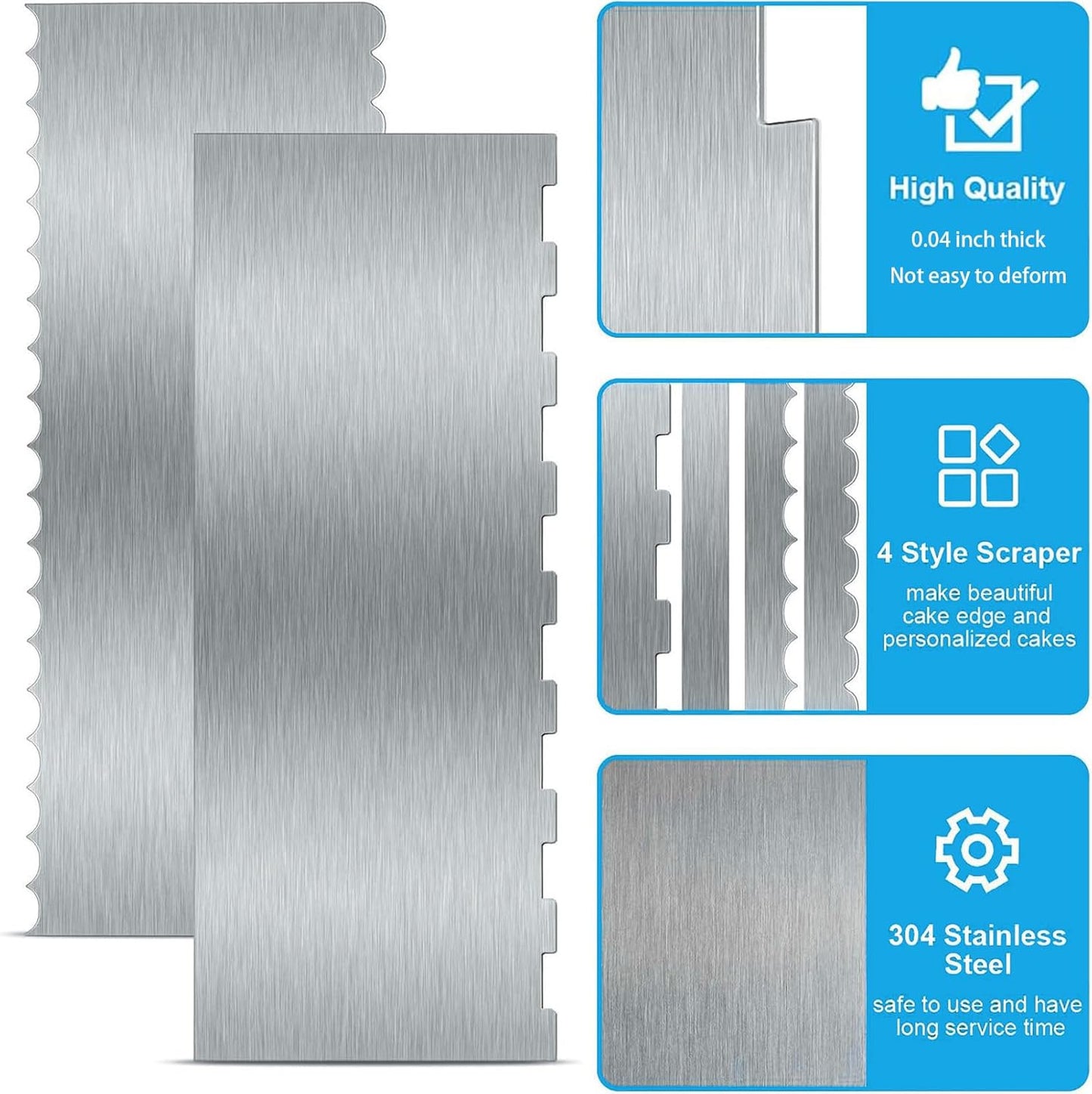 2 Pieces 8.7 Inche Stainless Steel Cake Scraper，Double Sided Patterned Edge Stripe Edge Smoother Scraper Cake Decorating，Cake Decorating Comb Cake Scraper (2, 2)