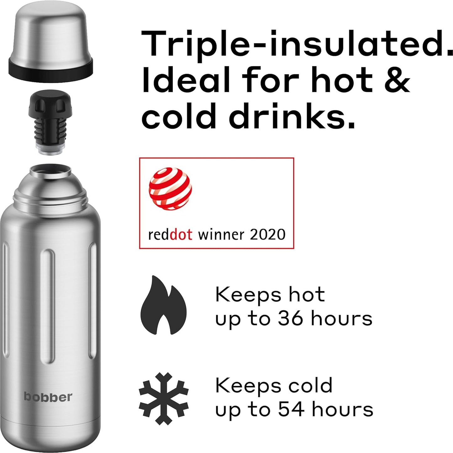 BOBBER 26 oz Stainless Steel Travel Thermos for Hot Drinks – Dishwasher Safe Metal Water Bottle with Cup Lid for Men, Hiking, Travel – Keeps Hot for 36 Hours – BPA-Free, Vacuum Insulated (Matte)