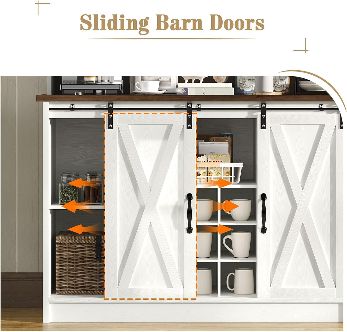 4 EVER WINNER Farmhouse Coffee Bar with 3-Tier Storage, 67” Coffee Bar Cabinet with Sliding Barn Doors, Hutch Cabinet with Storage & 9 Wine Racks, White