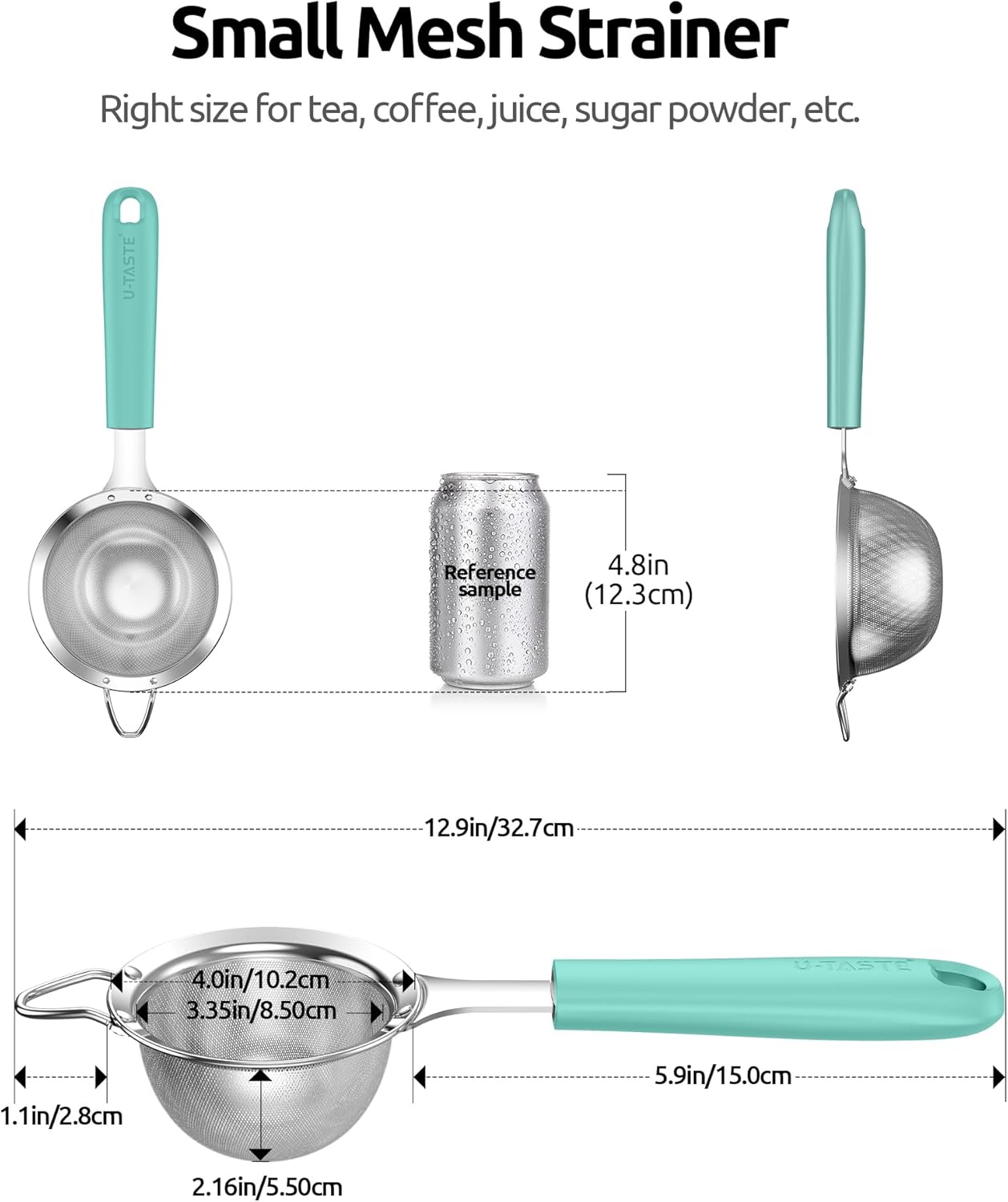 U-Taste Small Fine Mesh Strainer: 18/8 Stainless Steel 3.35in 30 Mesh Kitchen Food Sieve with Sturdy Riveted Silicone Handle, Heavy Duty Deep Handheld Metal Colander for Tea, Juice (Aqua Sky)