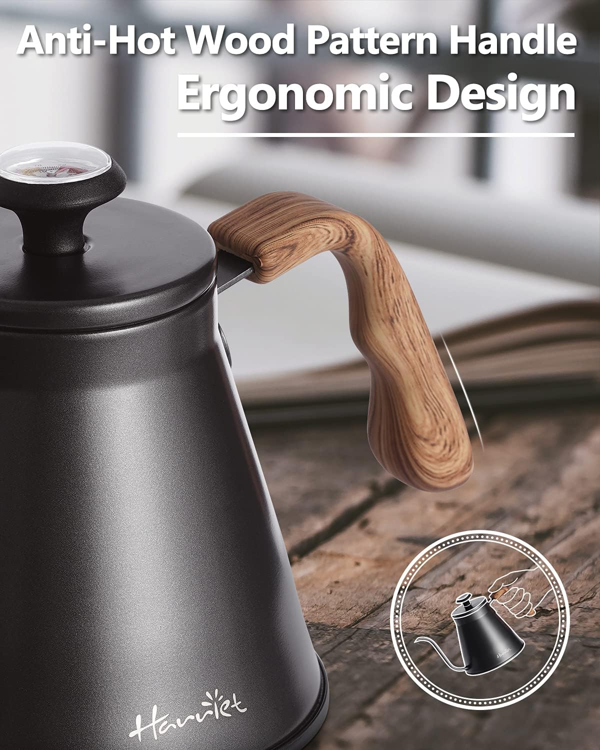 Harriet Gooseneck Kettle with Thermometer for Pour Over Coffee and Tea, 37 fl oz, Stainless Steel, Durable 3-Layer Base, Ideal Spout for Precision Pouring, Compatible with all Stove Tops, Black