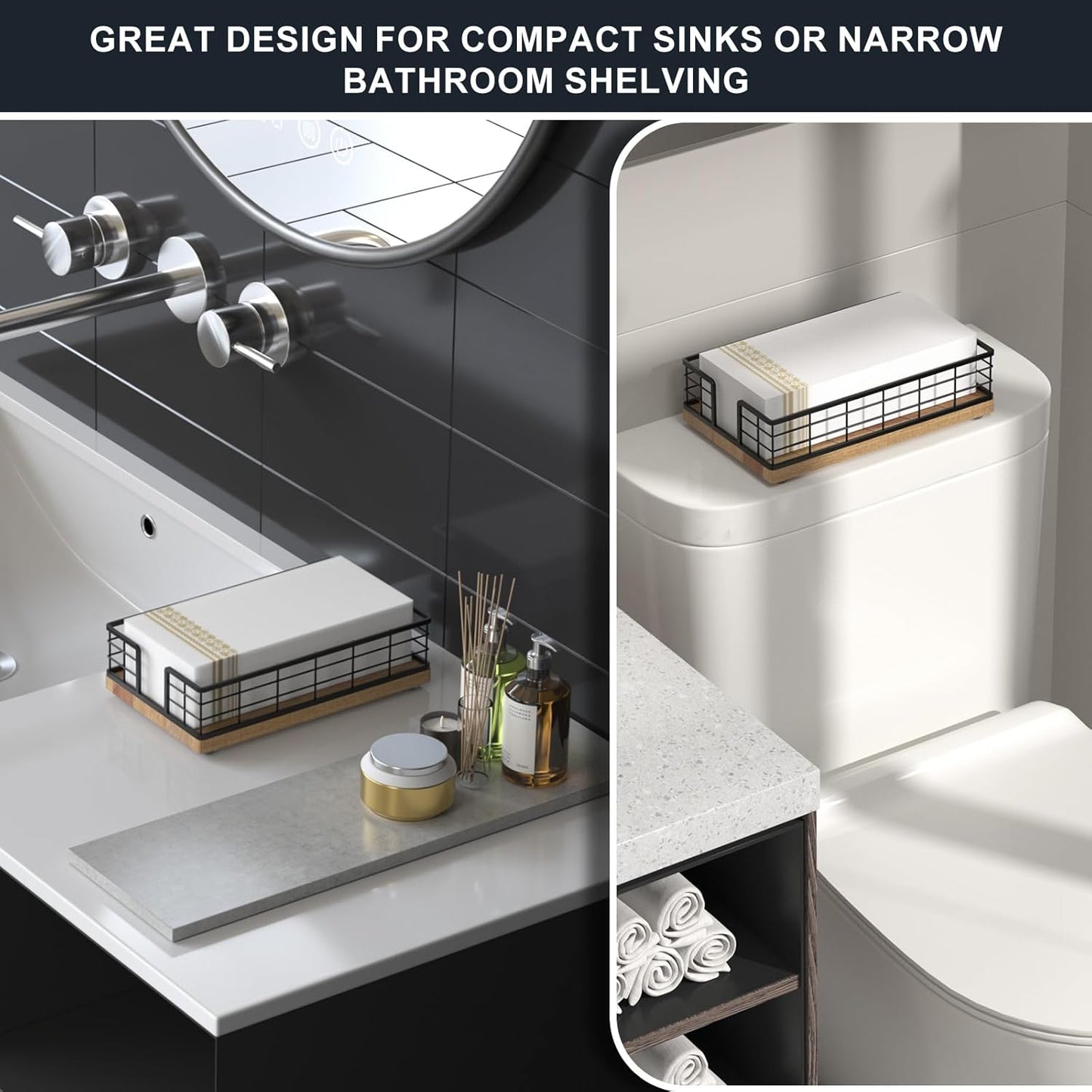 Wican Guest Towel Holder Tray for Bathroom, Acacia and Iron Napkins Holder for Powder Room Dinning Table Wooden Basket for Disposable Paper Hand Towels Black and Acacia