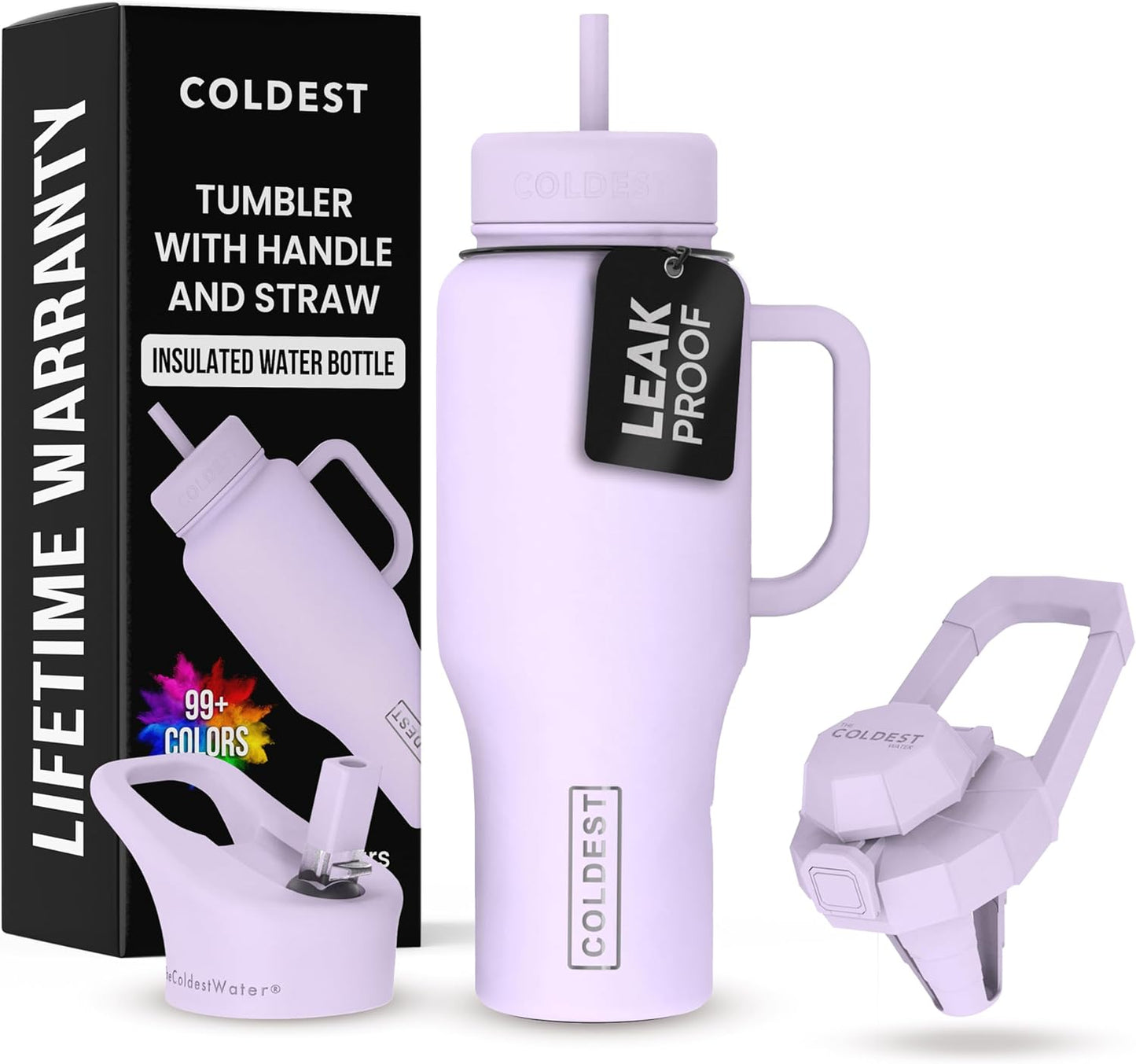 Coldest 40 oz Tumbler with Handle and Straw - 100% Leak Proof Insulated Tumbler with Lid and Straw (3 Lids) - Stainless Steel Tumblers for Women & Men - Cup Holder Friendly Base, 36 oz (Lilac Blue)