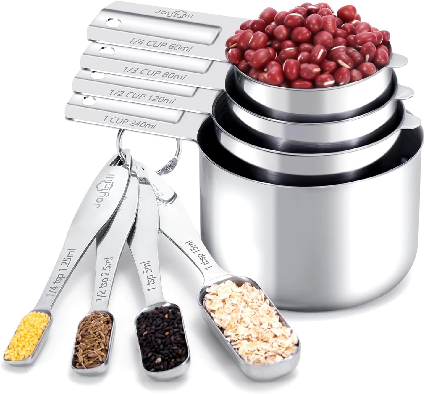 Joyhill Measuring Cups and Spoons Set of 8 Piece, Metal Stainless Steel Measuring Cups and Spoons Set for Baking Cooking, Dry and Liquid Ingredients