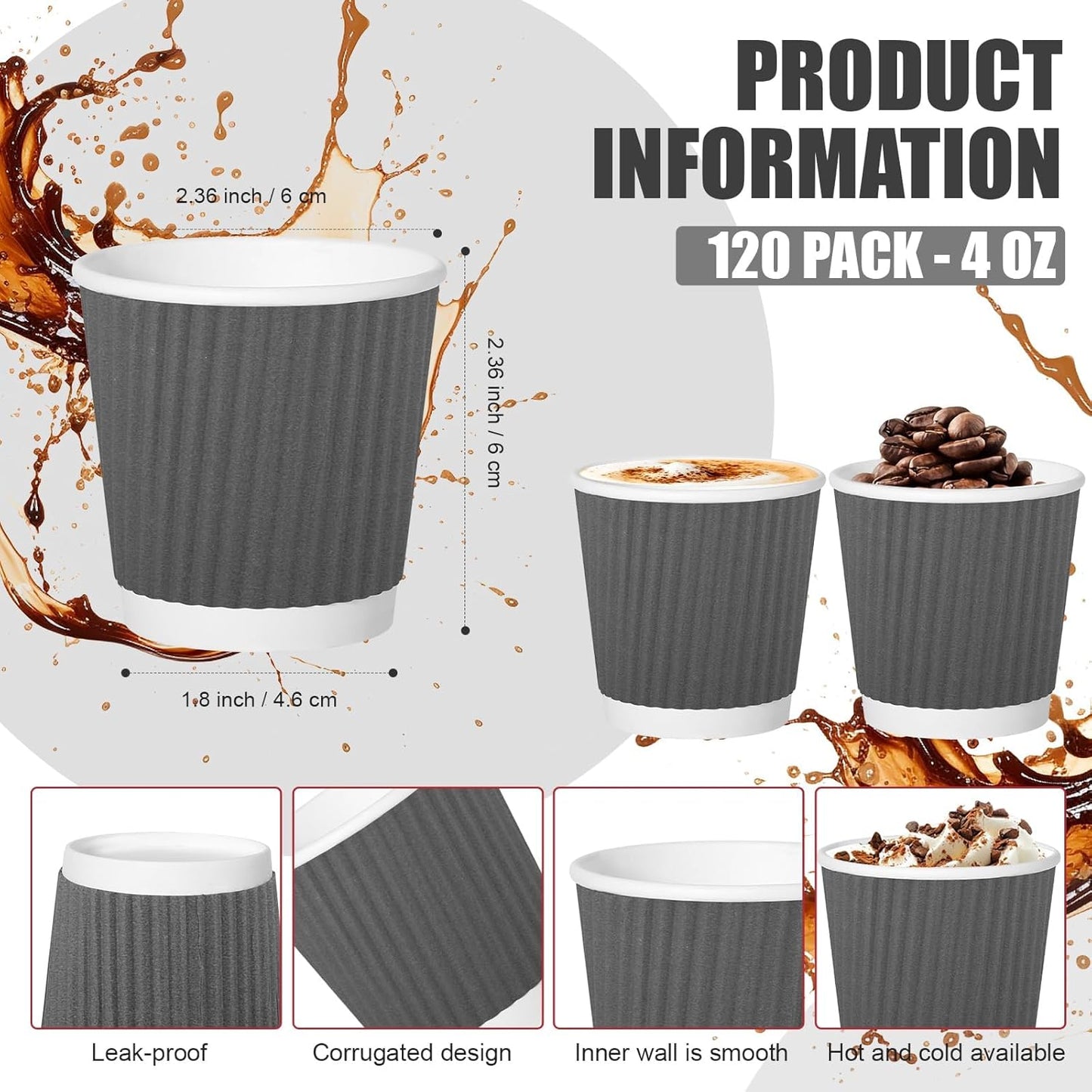 120 Pack Paper Espresso Coffee Cups, 4 oz Disposable Coffee Cups,Corrugated Insulated Ripple Wall, Paper Ripple Cup for Coffee, Hot Chocolate and Hot Tea Drinks -Gray