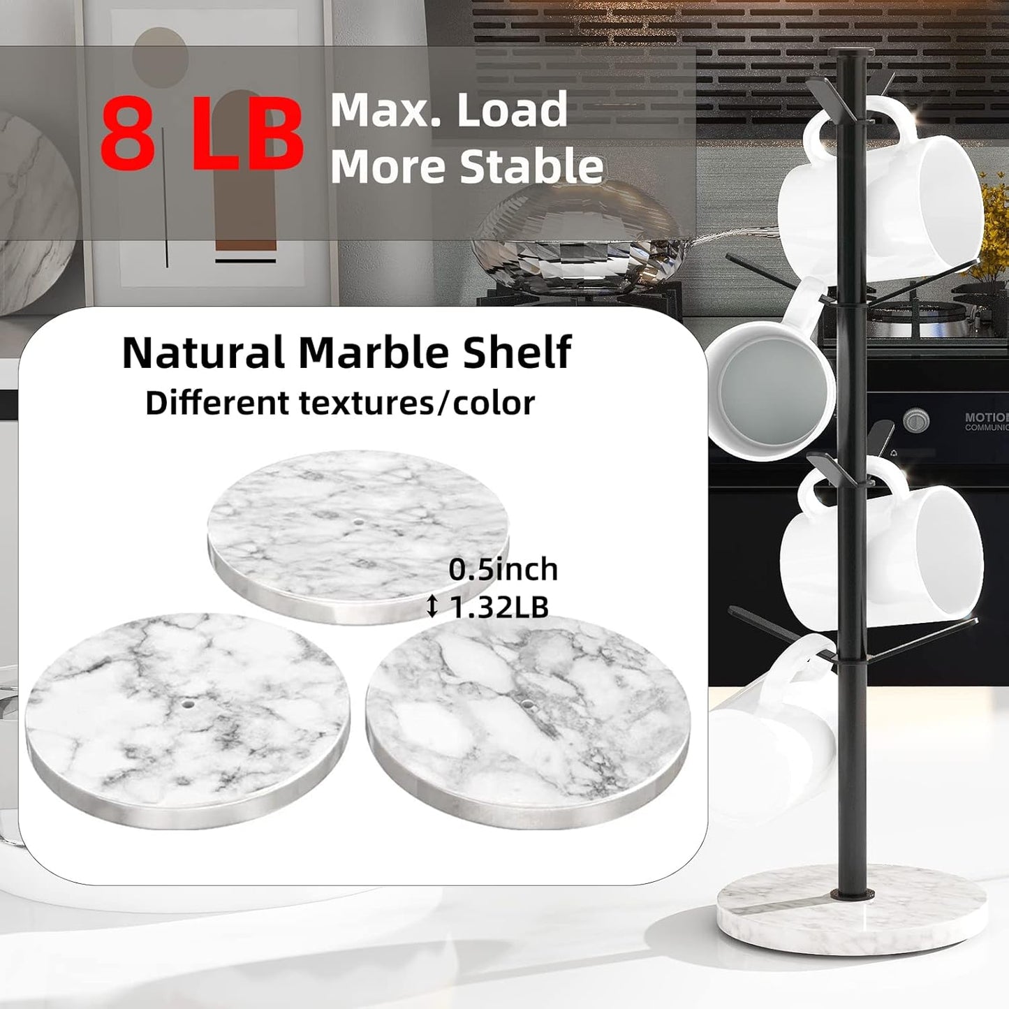 Marble Mug Holder Tree, 8 Hooks Coffee Cups Stand, New Upgraded Stable Mug Stand for Kitchen Counter Cabinet Cafe Black