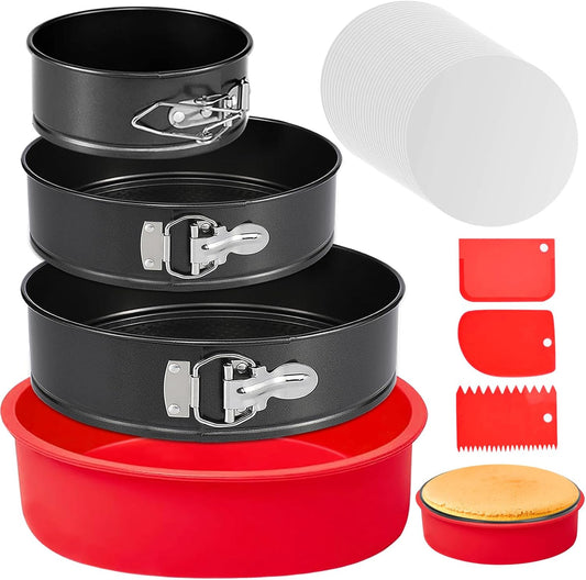 4 7 9 Inch Springform Pan Set of 3, Leakproof Cheesecake Pan with Protector, Nonstick Spring Form Pans for Cheesecake, Round Cake Pans Sets for Baking with Removable Bottom and 50Pcs Parchment Paper