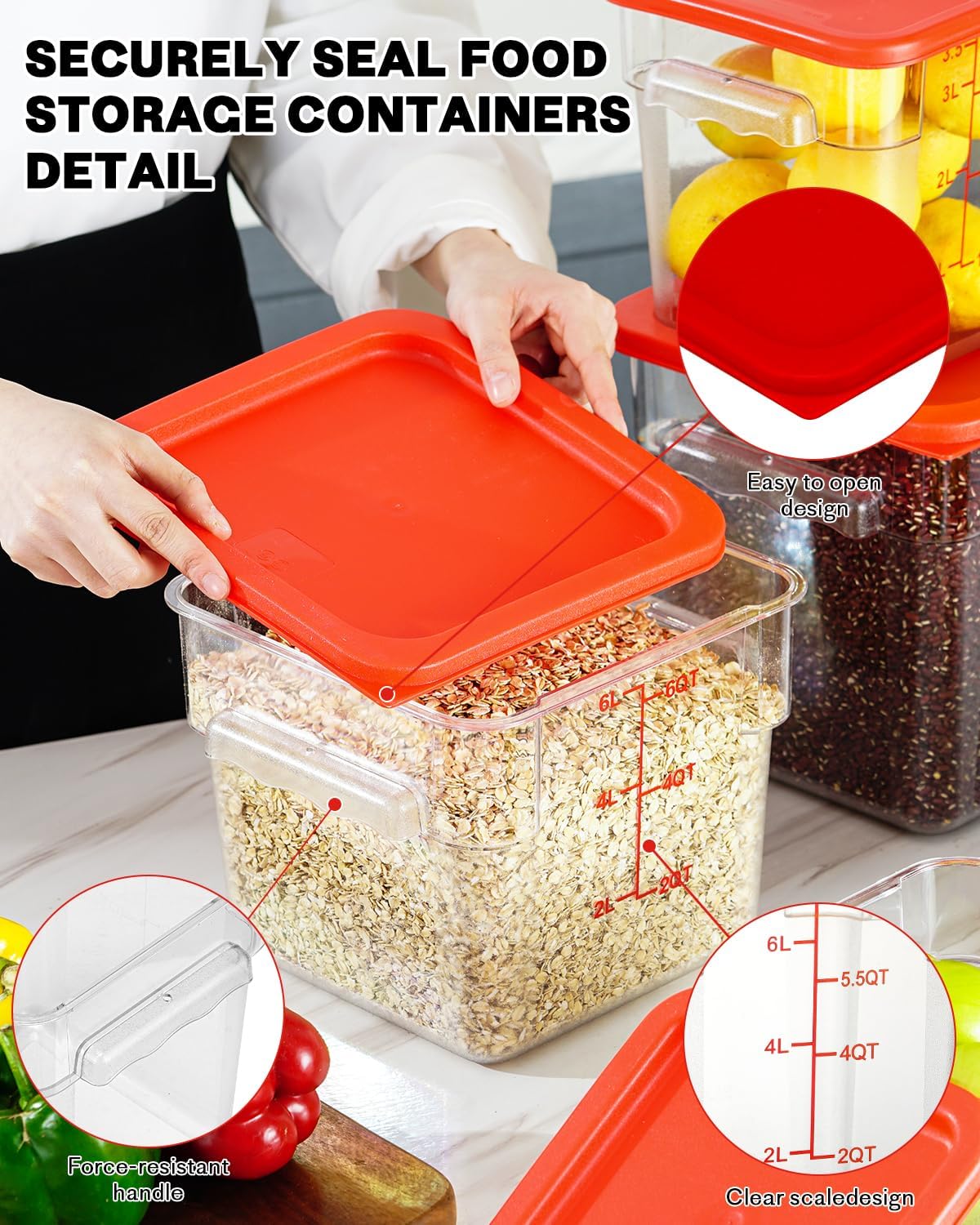 4QT NSF Food Storage Containers with Lids: 4 PCS [Total Food Grade][Hot&Cold Resistant] Commercial Clear Food Storage Containers for Restaurant Kitchen Proof Dough, Measuring Spoons Included(Red)