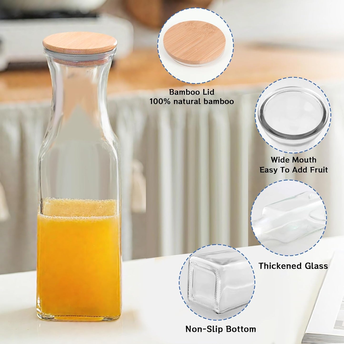 35 Oz Square Glass Carafe with Bamboo Lid, Beverage Dispensers,Mimosa Bar Supplies,Clear Glass Pitcher with Name Labels for Iced Tea,Coffee,Juice(Pack of 4)