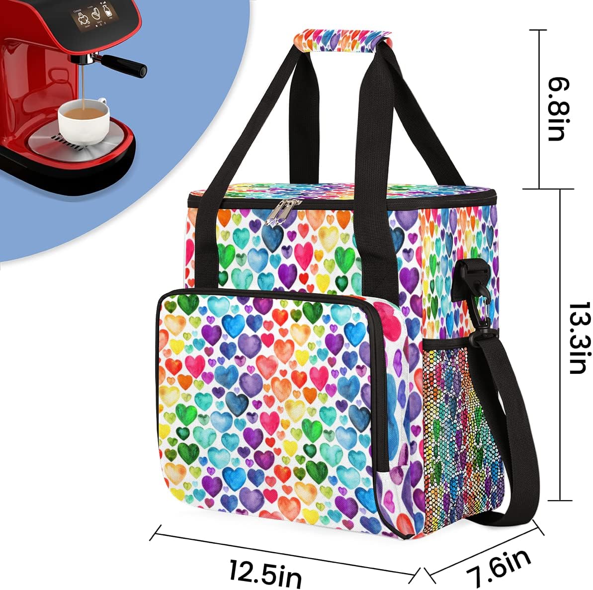 Watercolor Rainbow Hearts Pattern Coffee Maker Carring Bag Travel Storage Tote Bag Compatible with Keurig K-Mini or K-Mini Plus Portable Single Serve Coffee Brewer Case with Pockets for K-cup Pods