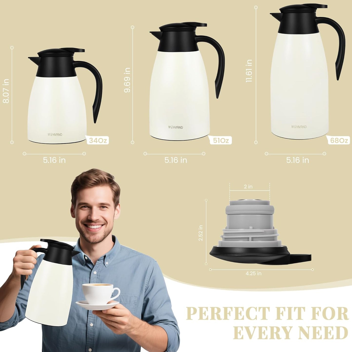 51 Oz Thermal Coffee Carafe, Stainless Steel Insulated Vacuum coffee crafts to keep coffee hot, 1.5 Liter Tea Water Coffee and Beverage Dispenser (Cream)