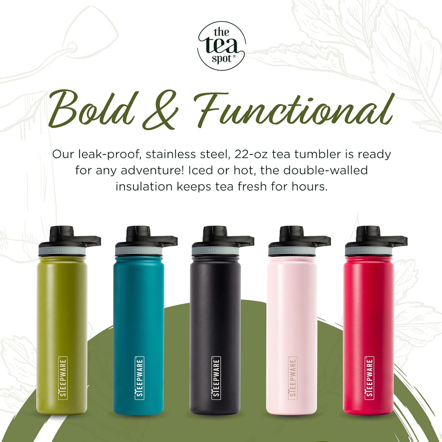 The Tea Spot Steepware Tea Tumbler and Thermos, 22oz, Tea Bottle with tea infuser for loose leaf tea or iced coffee, Sleek Double Wall Tumbler & Insulated Travel Bottle - Olive
